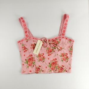 Thirty Thirty Pink Floral Corset Crop Top Lace Straps Romantic Resort Style (M)